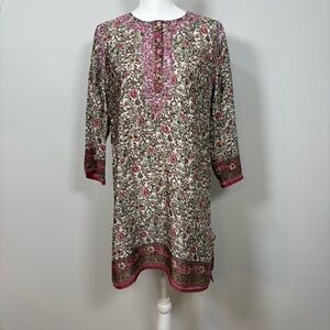 Boho Folk Floral Embroidered Dress Silk Blend Side Slit Small Women’s